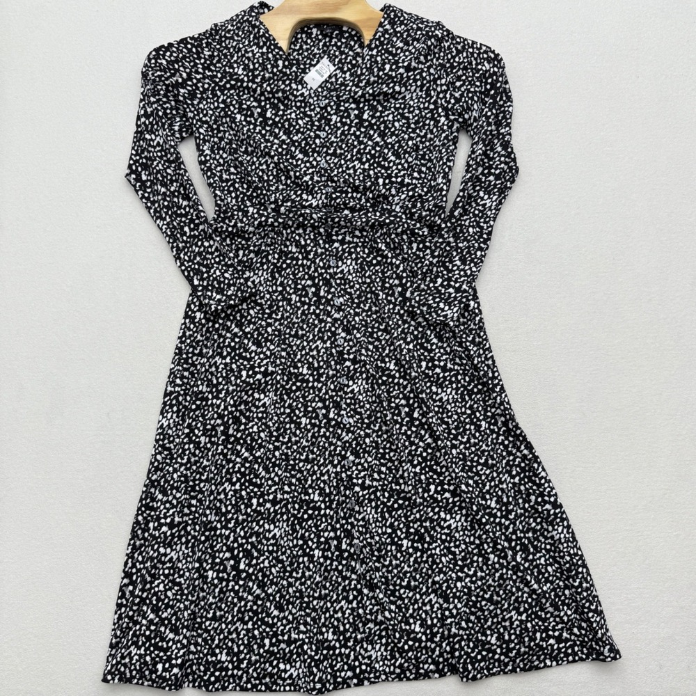 Talbots Size M Medium Black White Leopard Midi Dress Long Sleeve‎ Button Front